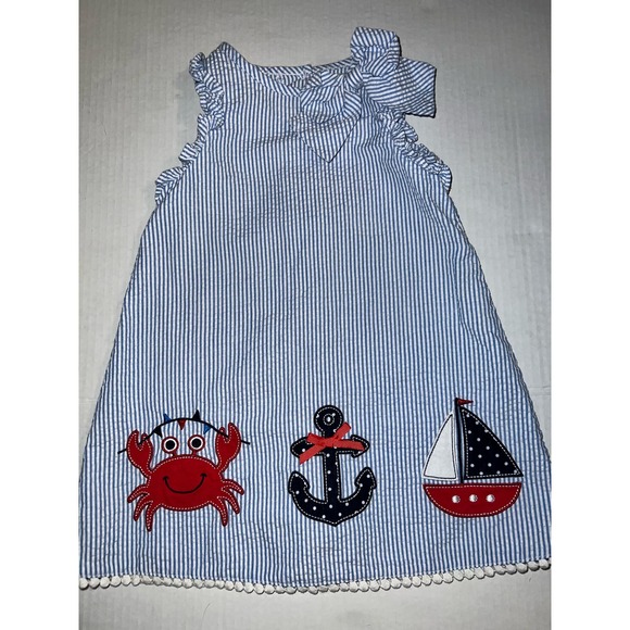 GoodLad girls striped seersucker ruffled nautical,sailboat,crab,anchor dress 2T - Picture 1 of 7